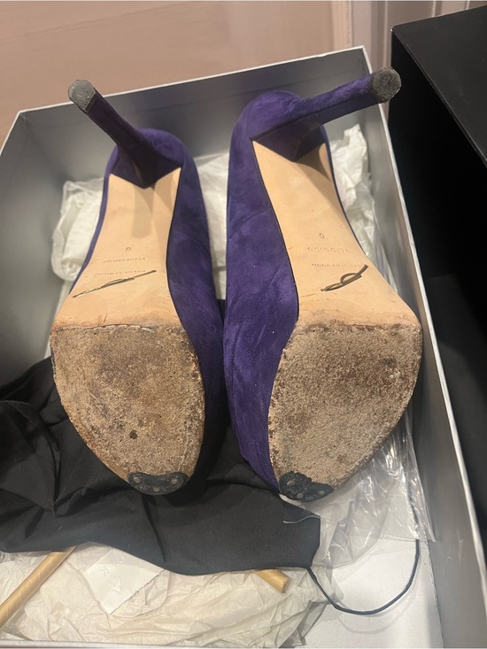 Brian Atwood Purple Suede Peep-Toe Platform Stiletto Heels, size 6